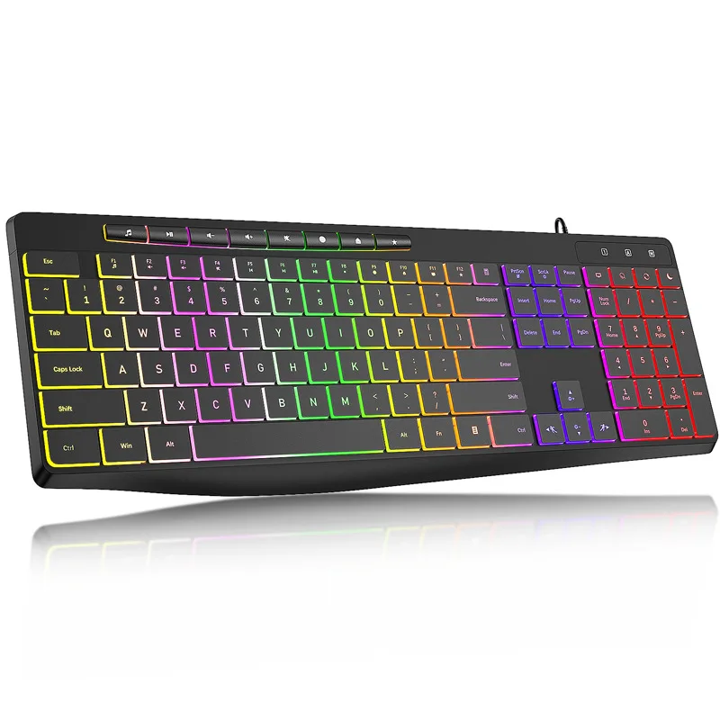 Wired Rainbow Backlit Keyboard Silent Chiclet Keys Ergonomic Foldable Stand Waterproof 104 Keys USB Wired Gaming Office Keyboard