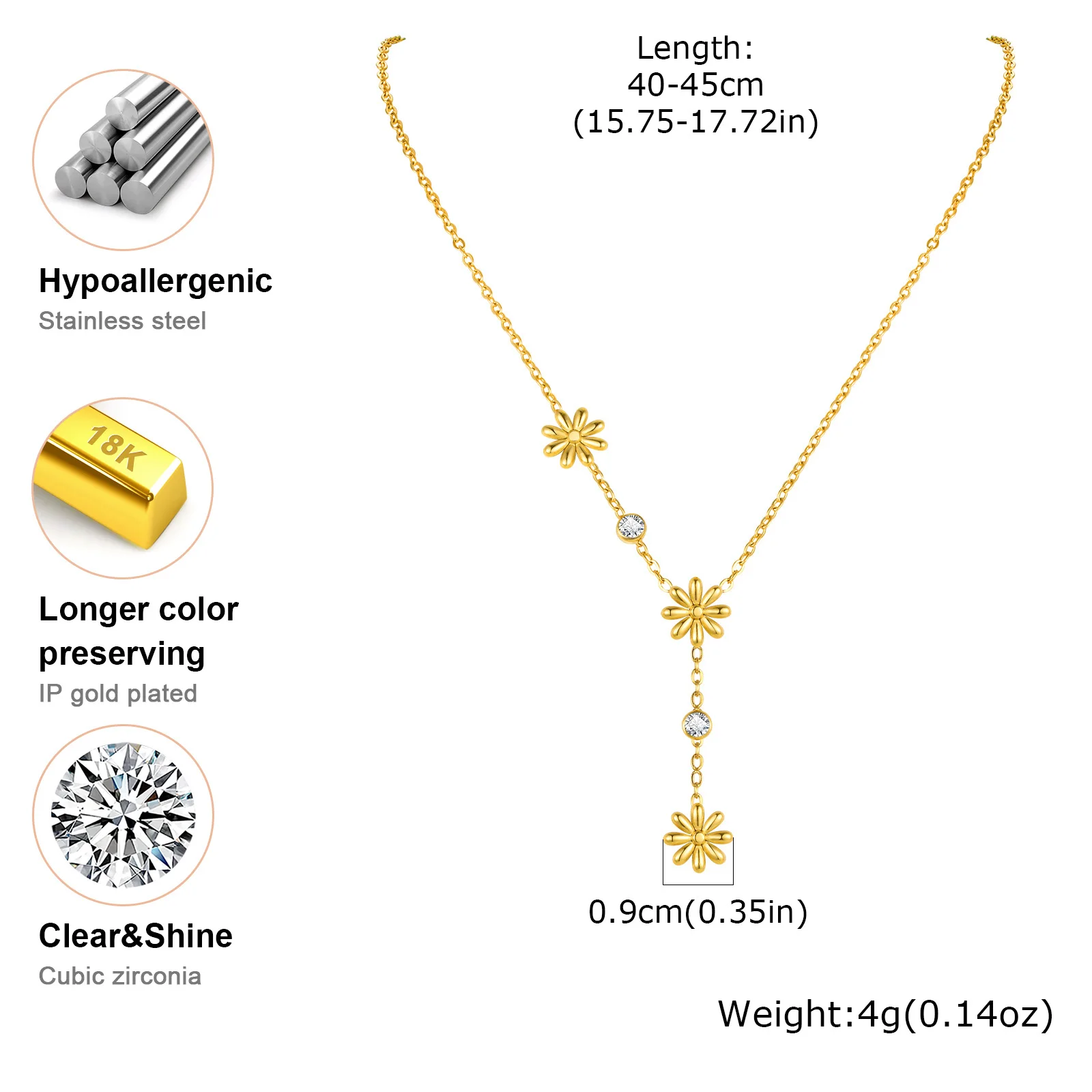 Drop Y Shape Flower Lariat Necklace for Women, Stainless Steel Daisy Flower Long Pendant Adjustable Link Waterproof - Detail 1