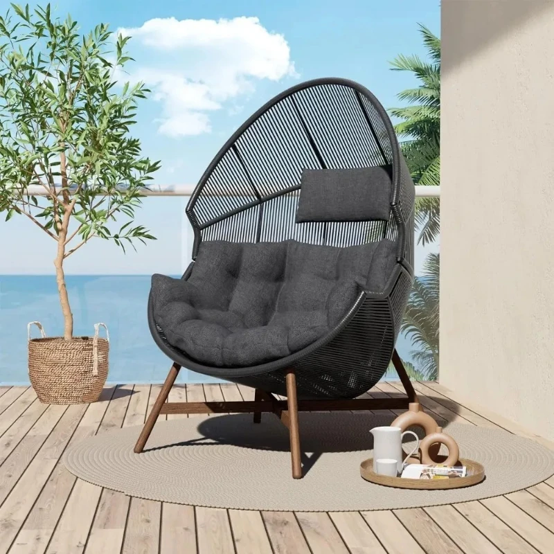Outdoor Egg Chair Wicker Wood Grain Finish Comfortable Conversation Chair with Olefin Cushion Oversized Lounger Chair