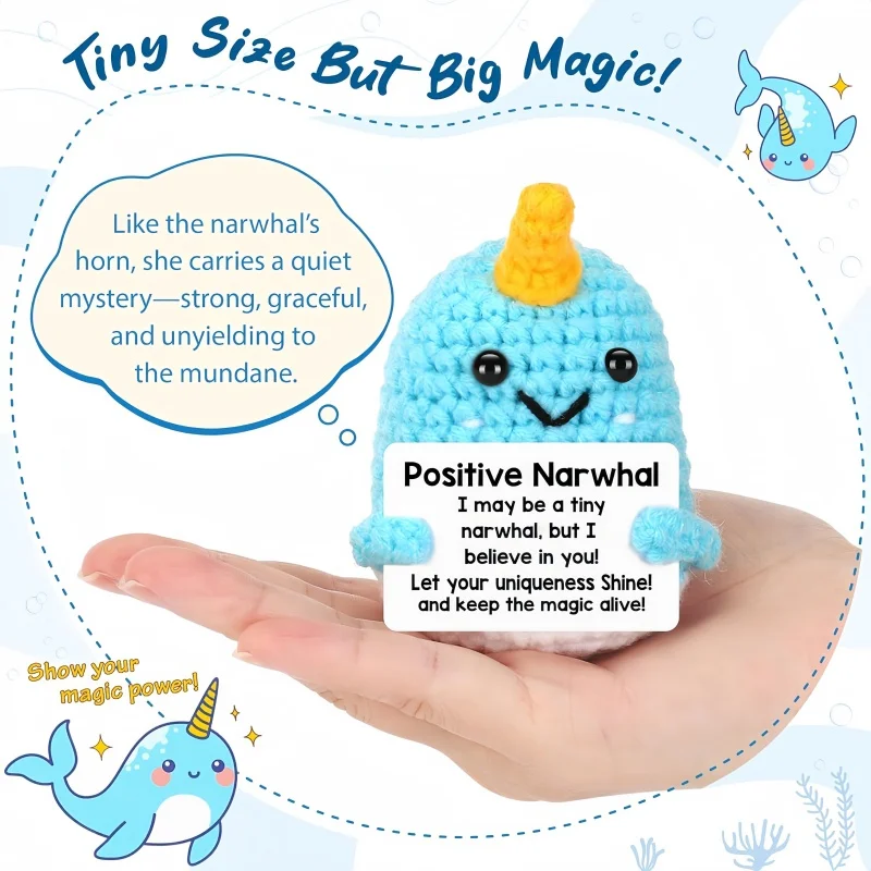 Funny Handmade Crochet Narwhal Doll with Positive Energy Card Emotional Support Desktop Ornament Home Decoration for Friend Gift