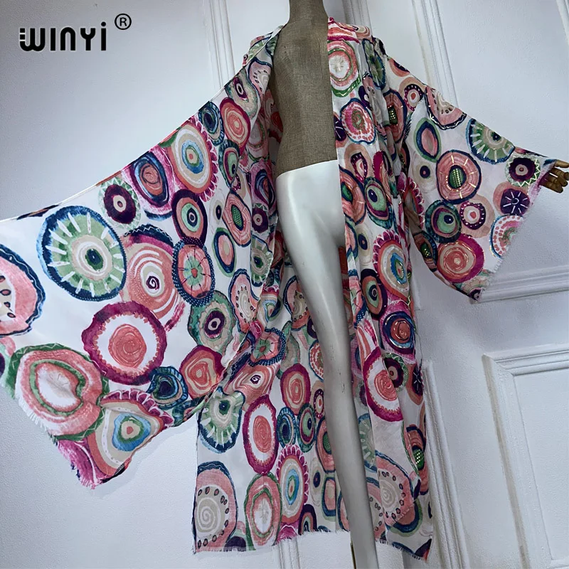 Winyi Kimono Vrouwen Zomer Print Hot Stamping Vest Vrouw Kaftan Abaya Dubai Luxe Strand Cover Up Boho Kleding Feestjurk