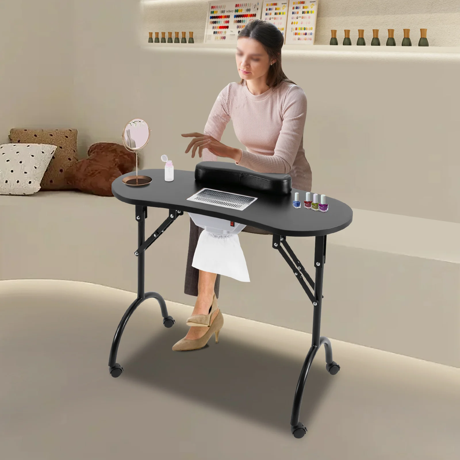 Foldable Nail Table w/Wheels Multifunctional Portable Manicure Table with MDF Table Top for Households, Nail Salons