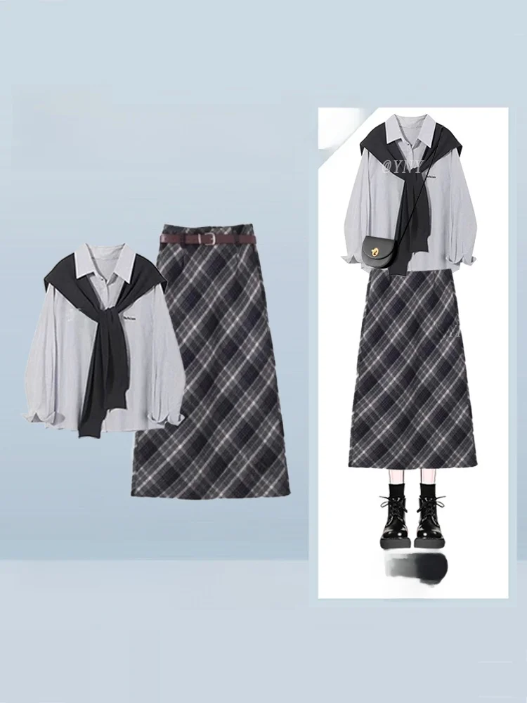 

Trendy College Style Loose Shirt And Long Skirt Two Piece Set with Shoulder Scarf Letter Print Autumn Fashion Women's Outfit