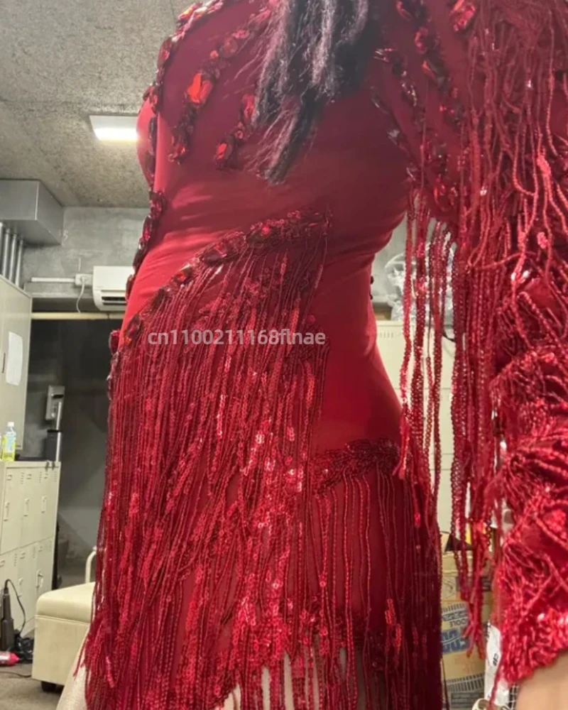 New Sparkling Rhinestone Fringe Sexy Perspective Dress for Women,one Shoulder Latin Dance Set,bar Party Stage Performance Outfit
