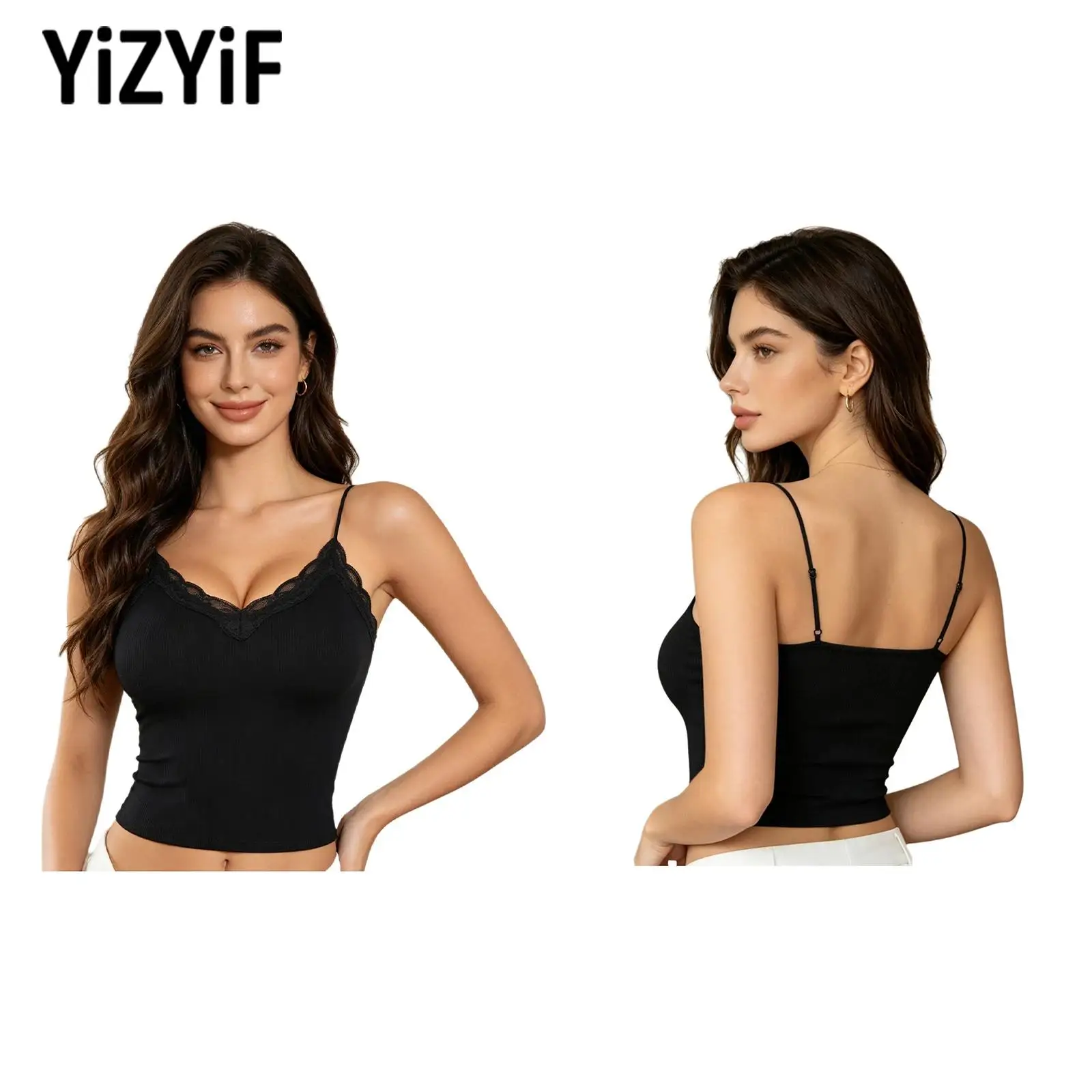 

Women's Yoga Camisole with Built-in Bra V Neck Lace Trim Spaghetti Strap Ribbed Tank Top Stretchy Daily Office Athletic Wear