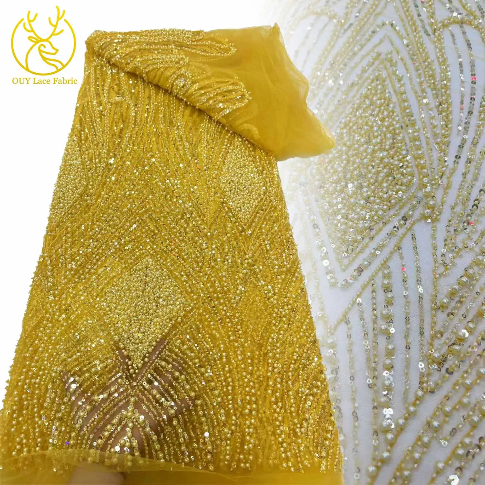 

Gold Luxury African Sequin Lace Fabric 2025 High Quality French Nigerian Groom Beaded Lace Fabric for Wedding Dress Sewing