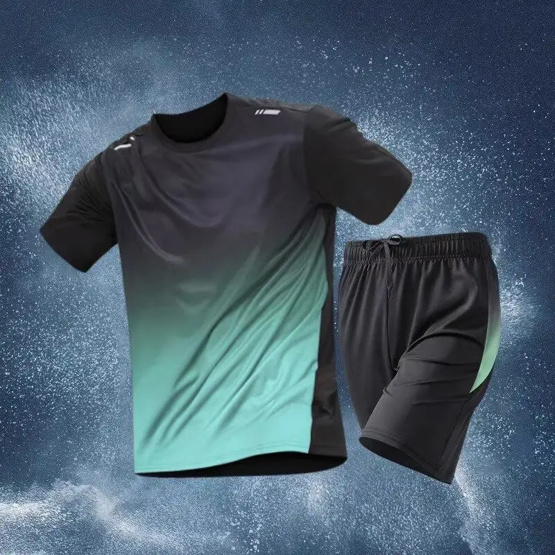 

Ice Silk Men's Fitn Clothing Qui Dry Summer Sports Set with ort Sve orts T-irt Baskeall Fooall Running
