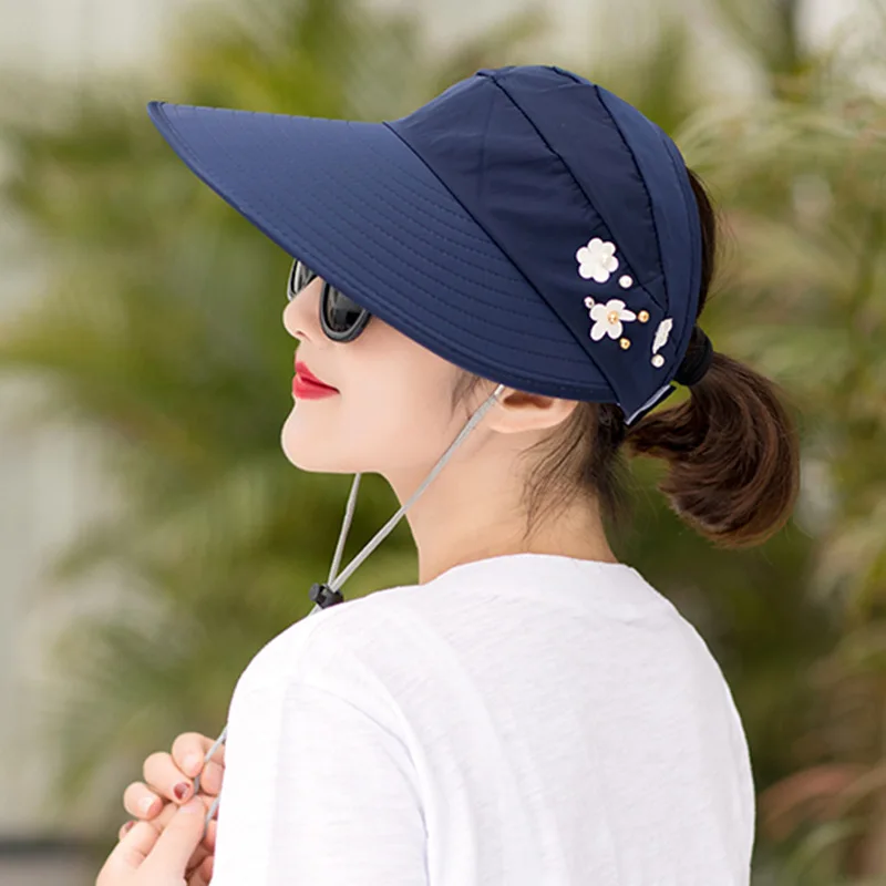 New Empty Top Hat Summer Big Edge Shading Outdoor Sunscreen Sun Hat Women Pearl Folding Hat Factory Wholesale