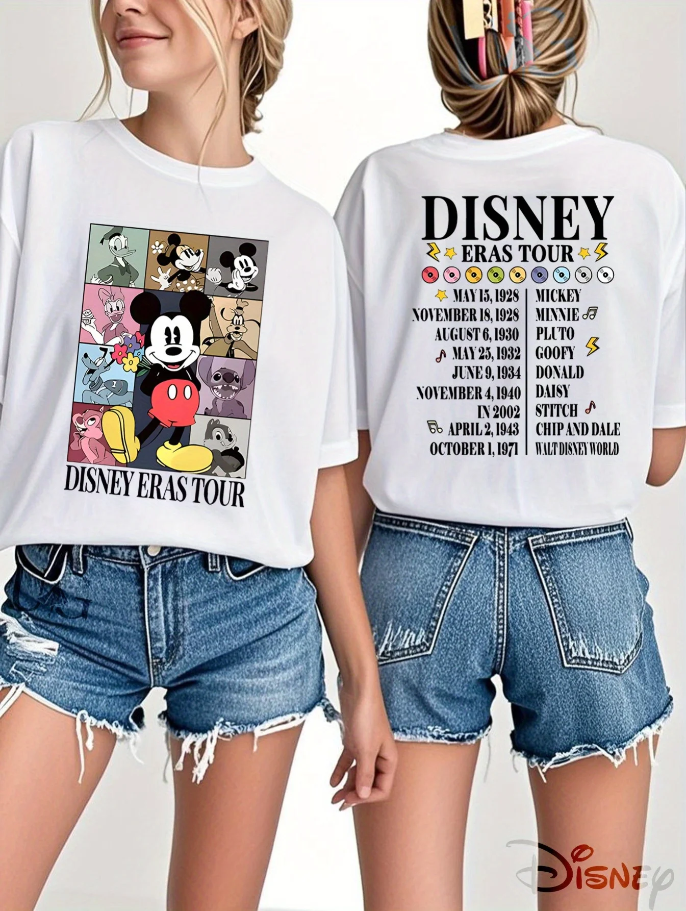 T-shirt Disney Era Tour Topolino e Amici ufficiale autorizzata con camicia a maniche corte da donna stampata fronte-retro