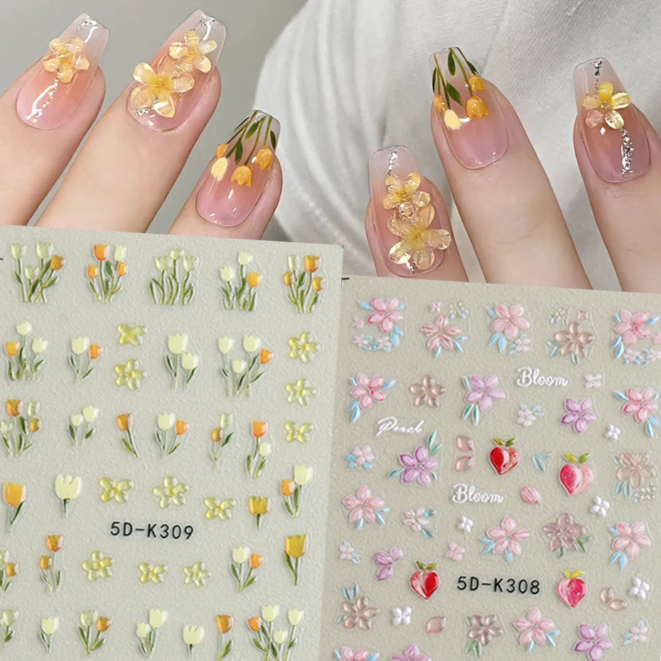 Tulip 5D Relief Nails Stickers Spring Yellow Tulips Flower Pink Peach Ice Permeating Blossom Design Summer Nail Ornament 5D-K309