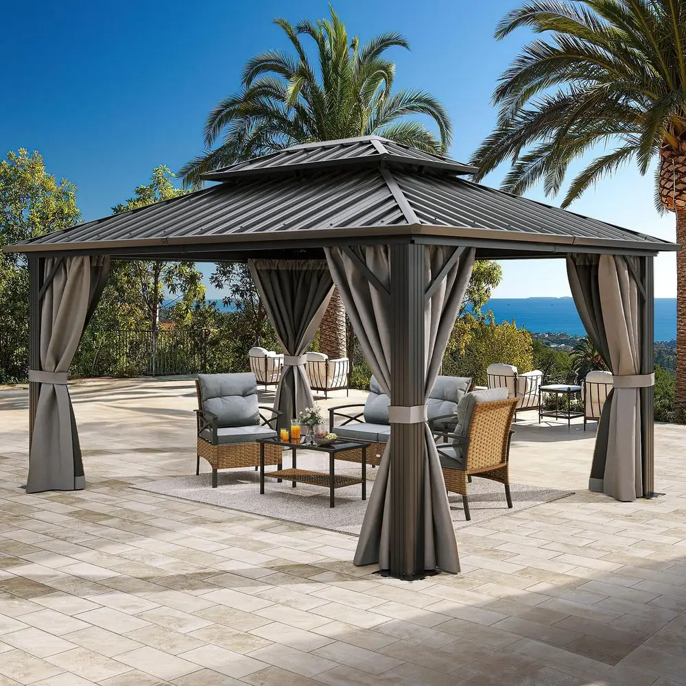 

10x12ft Hardtop Gazebo with Nettings and Curtains, Heavy Duty Double Roof Galvanized Steel Outdoor Combined of Vertical Stripes