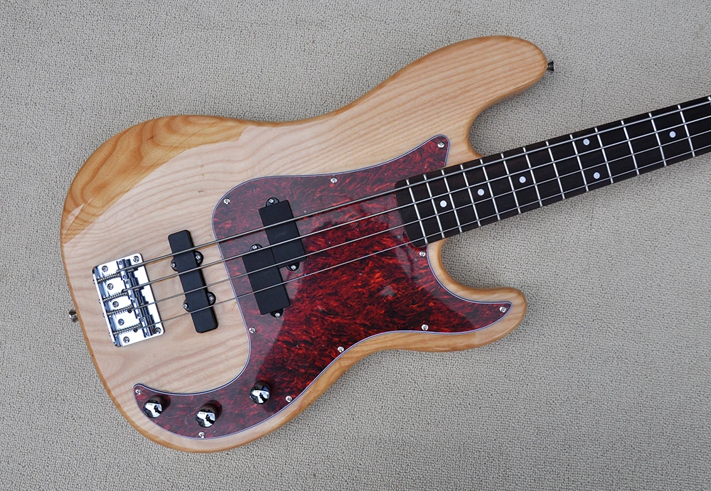 4 Strings ASH Natural Wood Color Electric Bass Guitar with Rosewood Fretboard,Red Pearl Pickguard,.Customizable