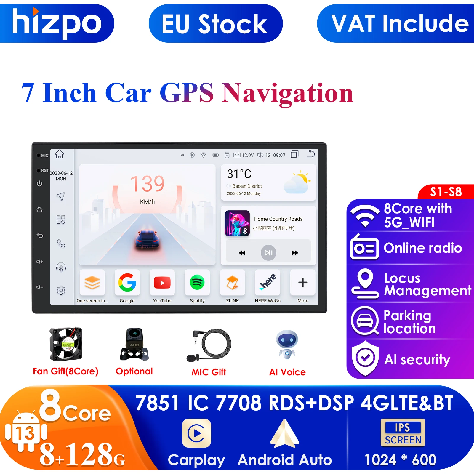 4G 2din Android Auto Radio HD Touch Screen WiFi Bluetooth Navigation GPS Car Multimedia Audio Video Output Player RDS SWC Mic PC