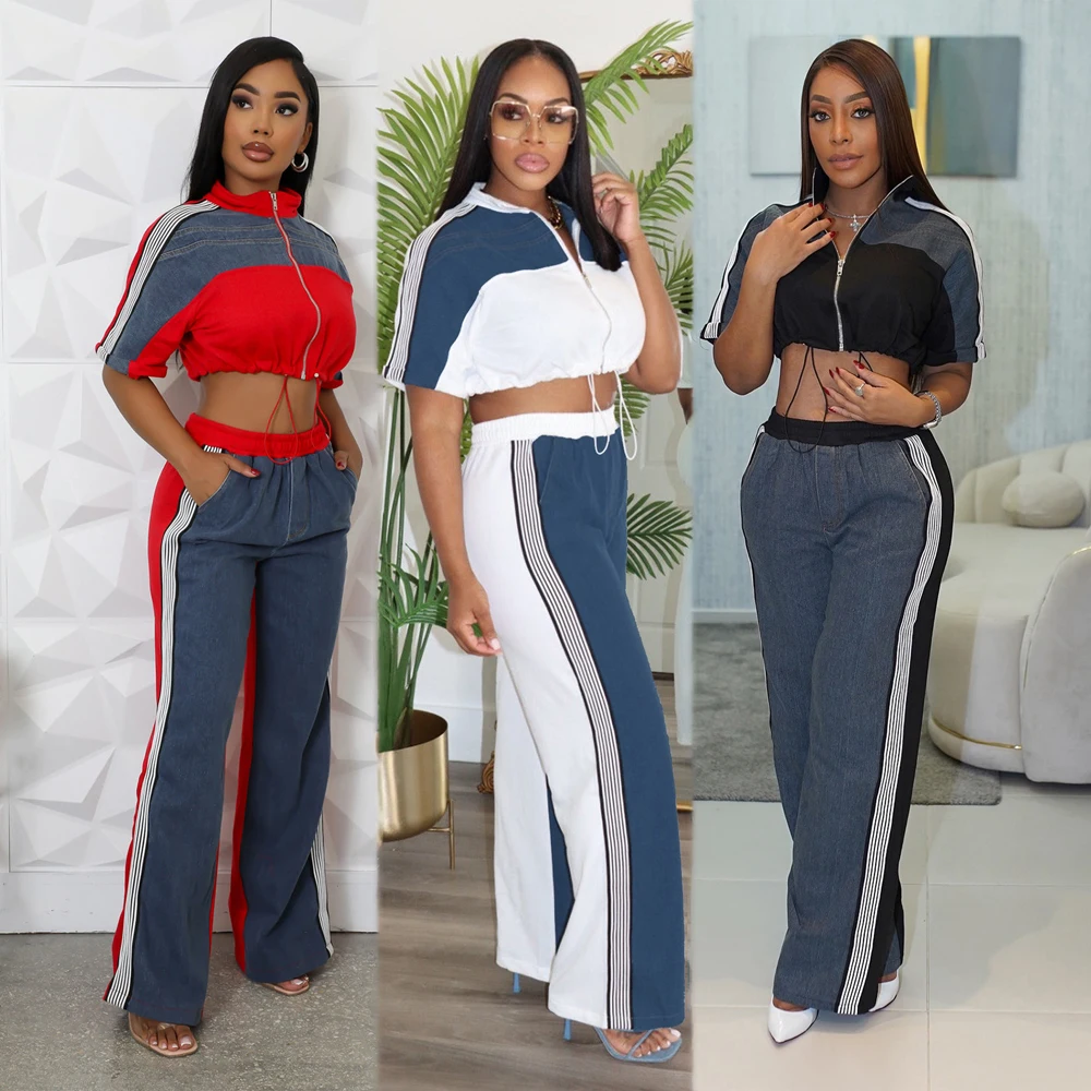 Lovely 2 Pieces Women Sets Striped Crop Top Denim Patchwork Wide Leg Pants Suits 2025 Two Piece Set Loungewear Tracksuit Outfits