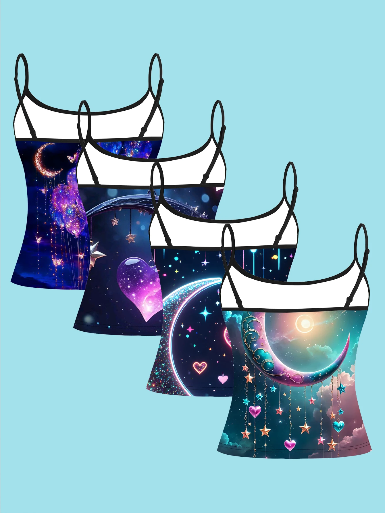 4-Piece Set of Galaxy Neon Crescent Camisole Set with Nebula Heart and Star Pattern Women's Base Layer Tank Top