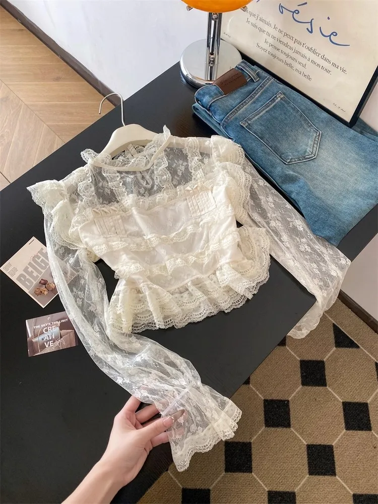 

Sweet Sle Lace irt Thin Me Воротник-стойка ort Sve Long Sve Женский осенний дизайн Утягивающий ор Длина Faionabl...