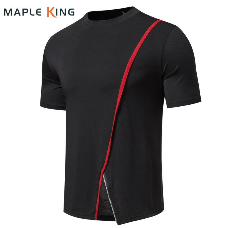 Ribbon Patchwork Zipper T Shirt for Men Camisas Streetwear Summer Casual Solid Punk Hip Hop Tee Shirt Homme Mens Camisetas Tops