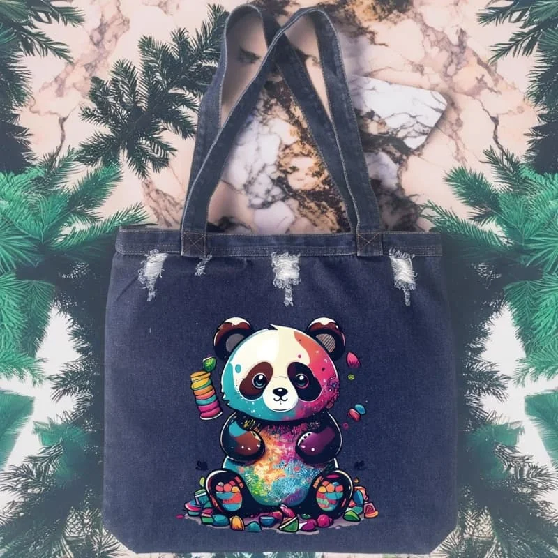 Panda Retro Washed Denim Handtasche Herbst Lazy Vielseitige Tragetasche Große Kapazität Pendler Umhängetasche für Frauen