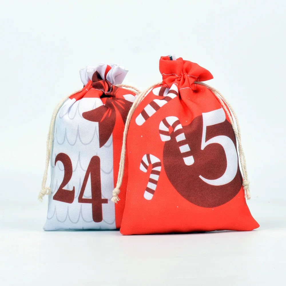 72pcs/lot Christmas Calendar Hanging Bag Cotton Linen Drawstring Bags With Wooden Clips And Hemp Rope Gift Candy Packaging Pouch
