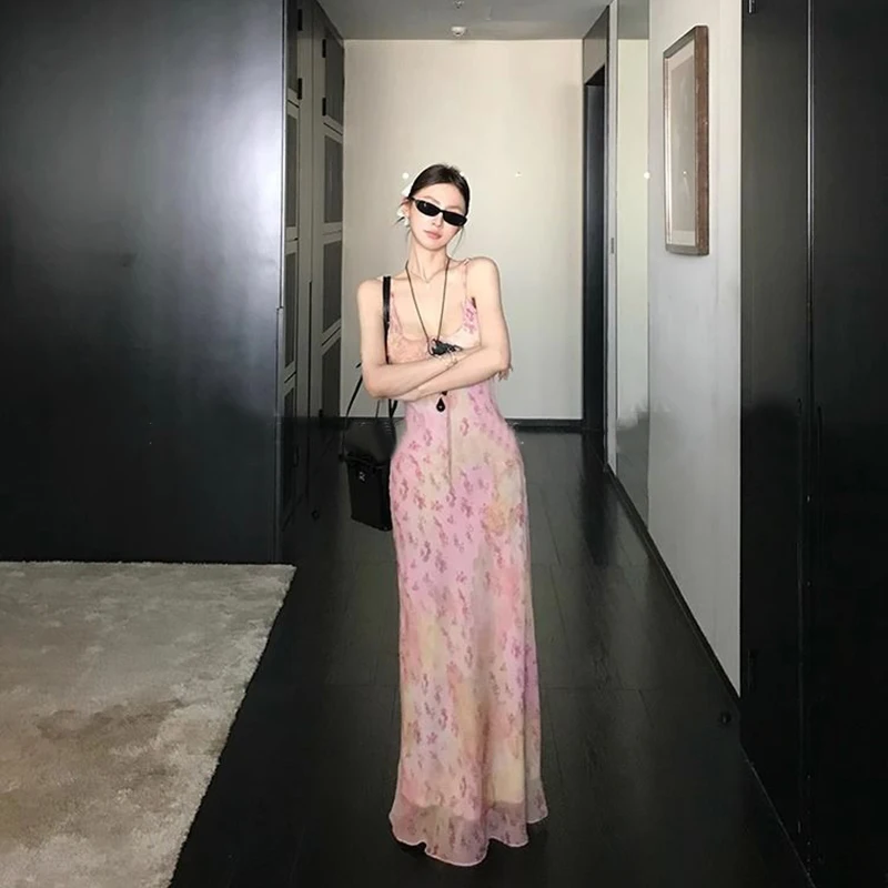 เซ็กซี่พิมพ์ Camis ชุดผู้หญิงเกาหลีแฟชั่น Slim ดอกไม้สปาเก็ตตี้ฤดูร้อน Retro Harajuku แขนกุดพรรค Vestidos