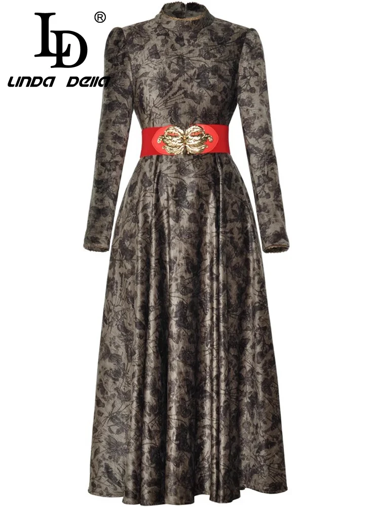 فستان نسائي صيفي أنيق من LD LINDA DELLA بياقة واقفة وأكمام طويلة ورباط علوي وجيب نحيف ومطبوع بفيونكة فساتين متأرجحة كبيرة