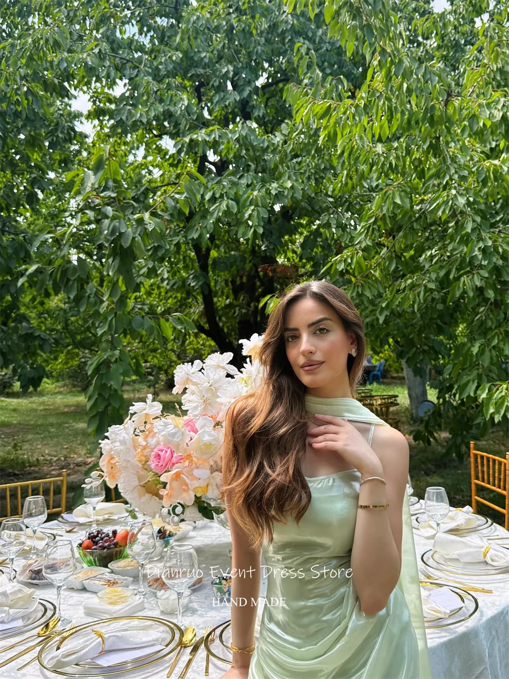 Dianruo cintas de espaguete verde vestidos de noite em linha reta ruched fitas sereia vestidos de baile maxi comprimento vestidos de festa personalizados