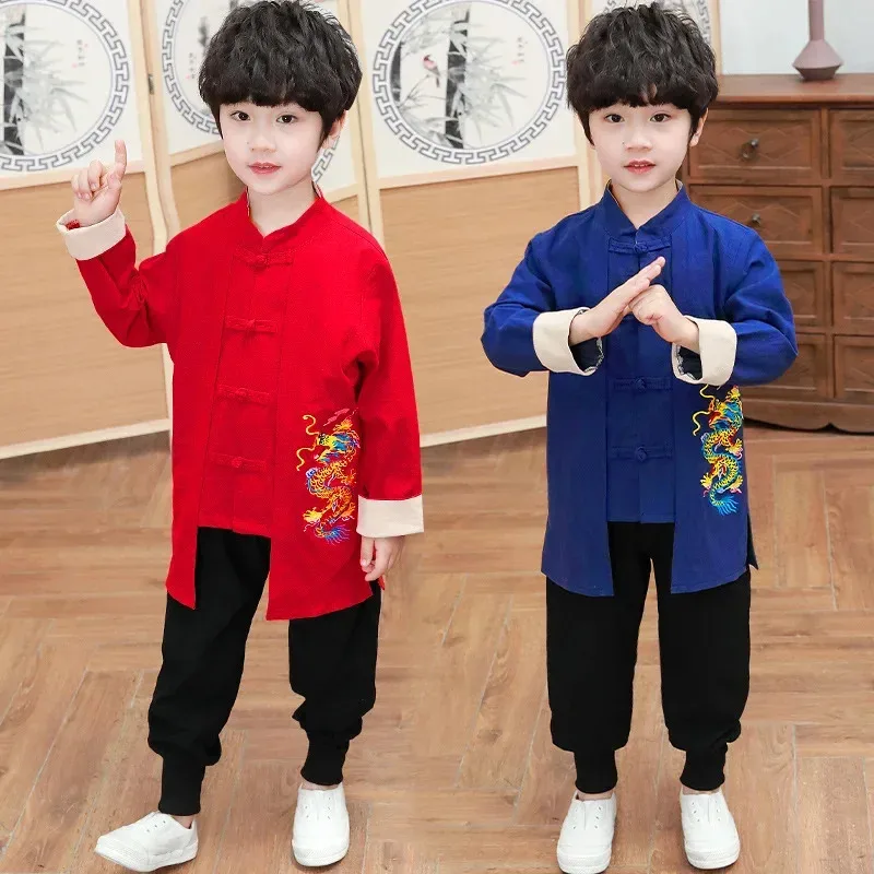 

2023NEW Chinese Traditional Hanfu For Kids Boys Long Sleeve Dragon Embroidery New Year Tang Suit Christmas Autumn Cotton Red