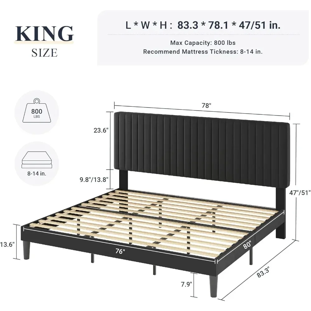 Bed Frame, Velvet Upholstered with Adjustable Vertical Channel Tufted Headboard, Mattress Foundation with Strong Wooden Slats