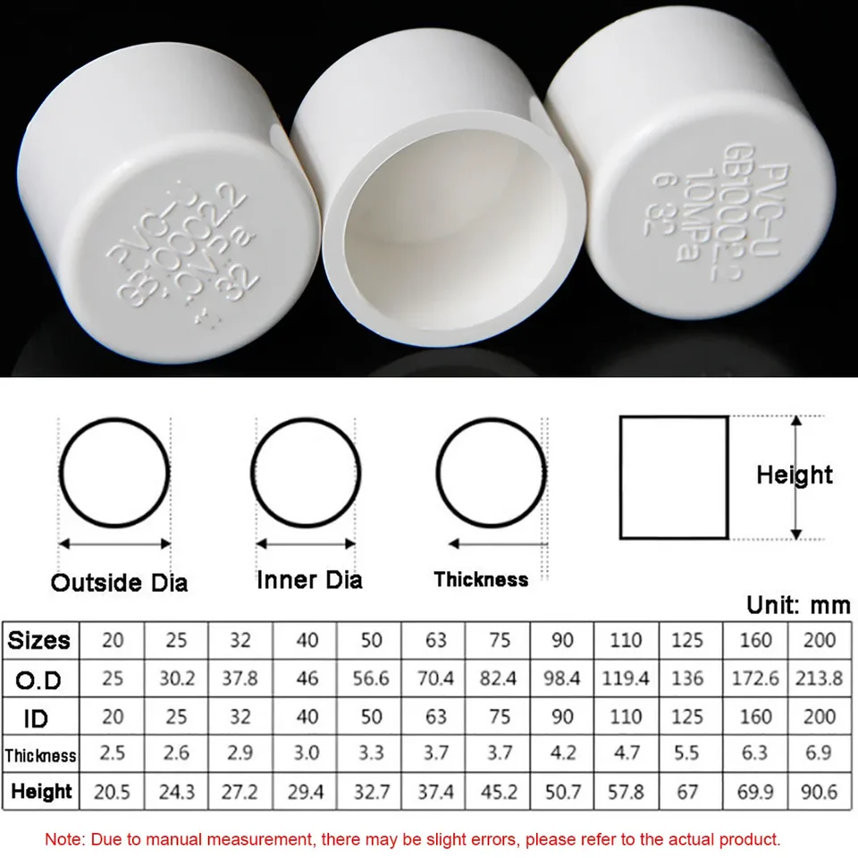 1pcs PVC Pipe End Cap Plug ID 20,25,32,40,50,63,75,90,110mm Metric
