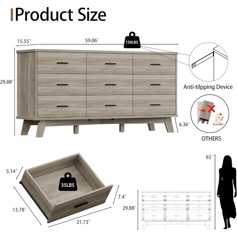 Dresser for Bedroom, 9 Drawer Wide Modern Chest of Drawers with X-Shaped Sturdy Base, Wood Double Dresser Closet Clothes Storage