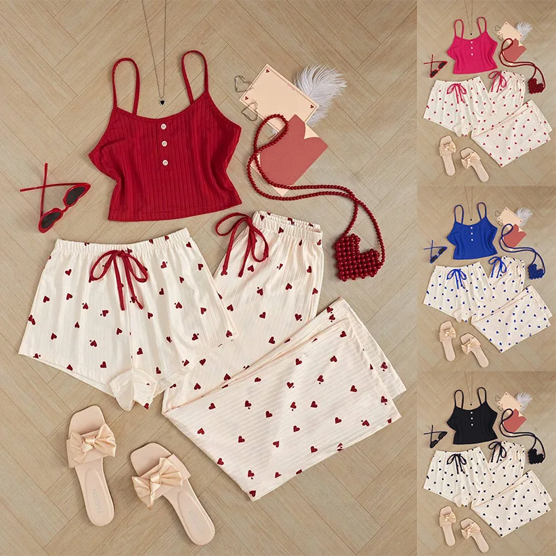 

3-Piece Summer Women Pajama Set Heart Pattern Sleepwear Girls Sexy Suspenders Shorts & Tank Top Nightwear Bowknot Loungewear