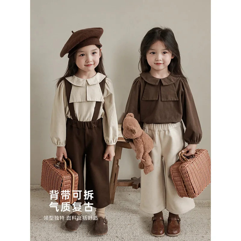 

Girls' Retro Shirt Suit 2023 New Spring Autumn Children's Long Sleeved Top Casual Pants