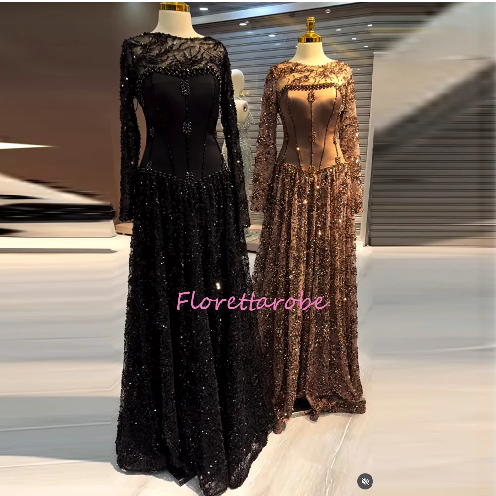 Luxuriöses arabisches Abendkleid, maßgeschneidert, lange Ärmel, O-Ausschnitt, Perlenstickerei, Spitzenapplikation, A-Linie, Partykleid, Ballkleider
