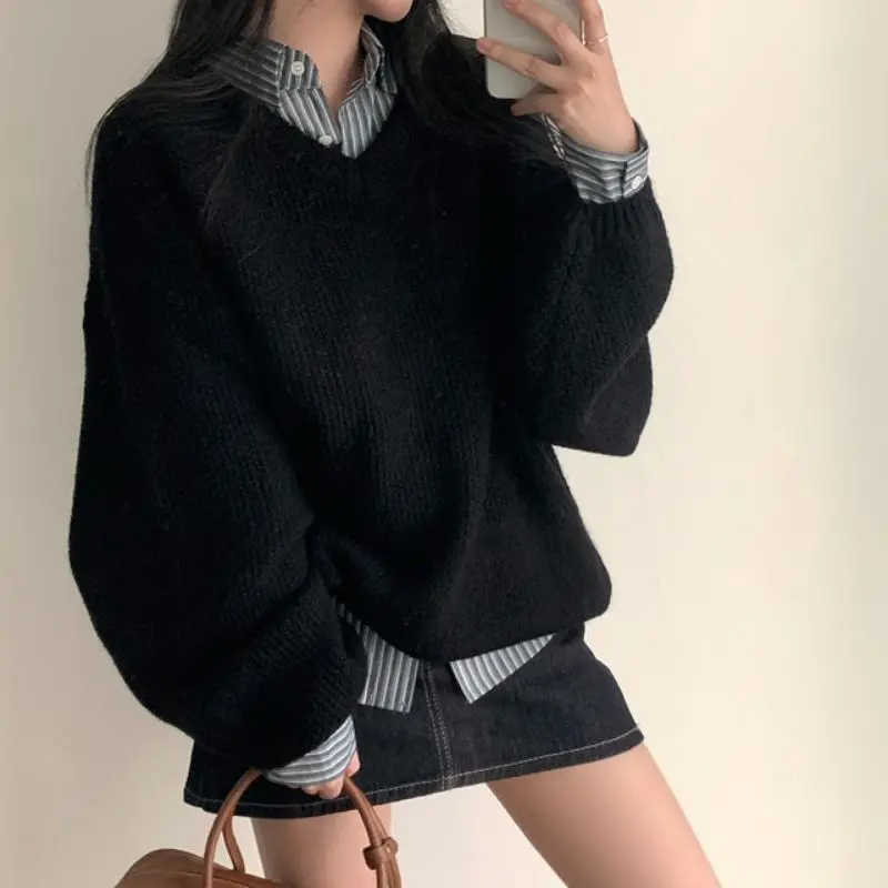 

Шикарный вязаный свитер V-Ne, женский свободный крой, длинный све, однотонный, песочная игла, трикотаж с узором, осень-зима