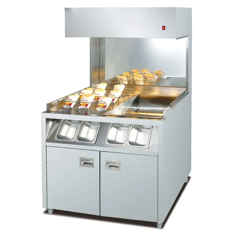 

High quality free standing chips dump station / french fries display warmer