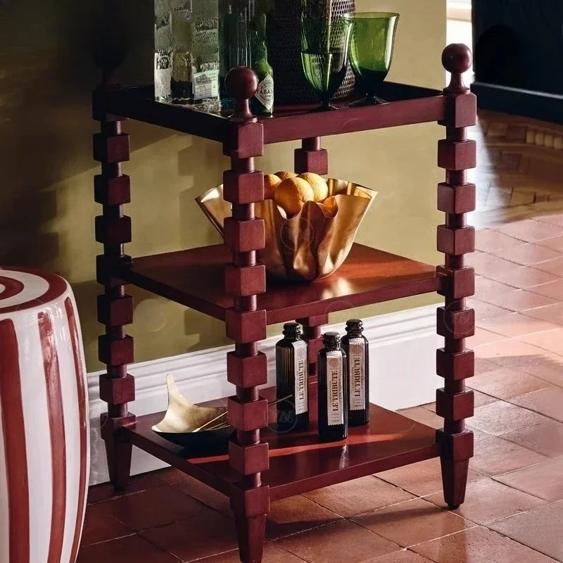 Retro square bedside table, pillar shelf, 3-layer bedside table.