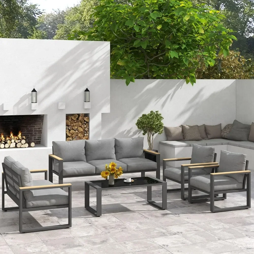 

5pcs Outdoor Conversation Set With Coffee Table Aluminum Patio Furniture Set Grey Cafe Table and Chair Full Coffee Corner