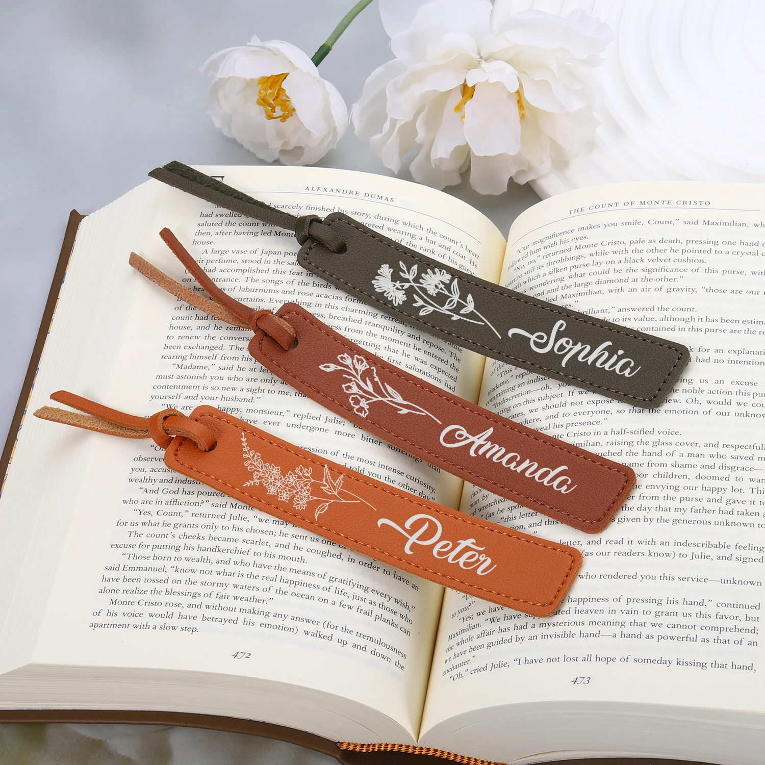 Personalized Leather Bookmark for Friend Custom Name Bookmark with Birth Month Flower for Book Lover Gift PU Leather Bookmark