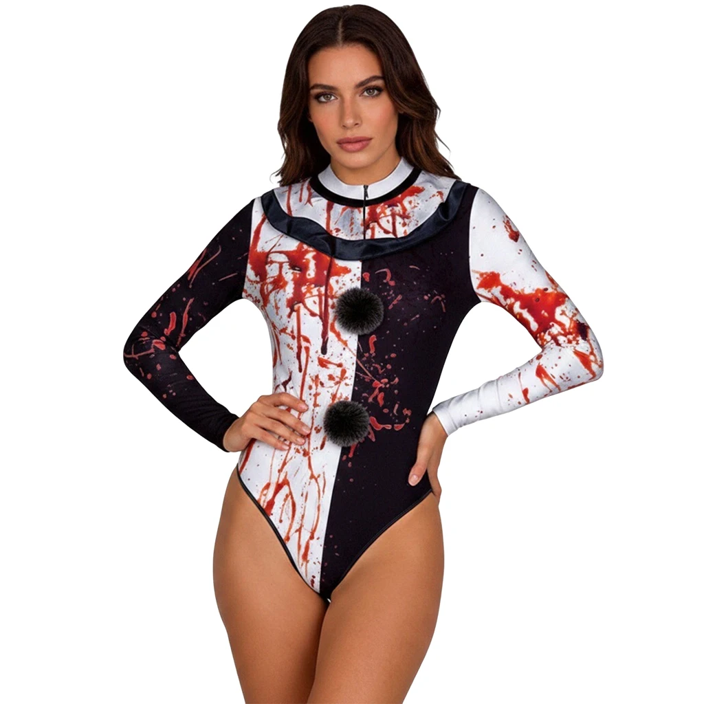 Horror Clown Costume Womens Black White Blood Splatter 3D Print Long Sleeve Front Zipper for Halloween Carnival Cosplay Outfit view 4