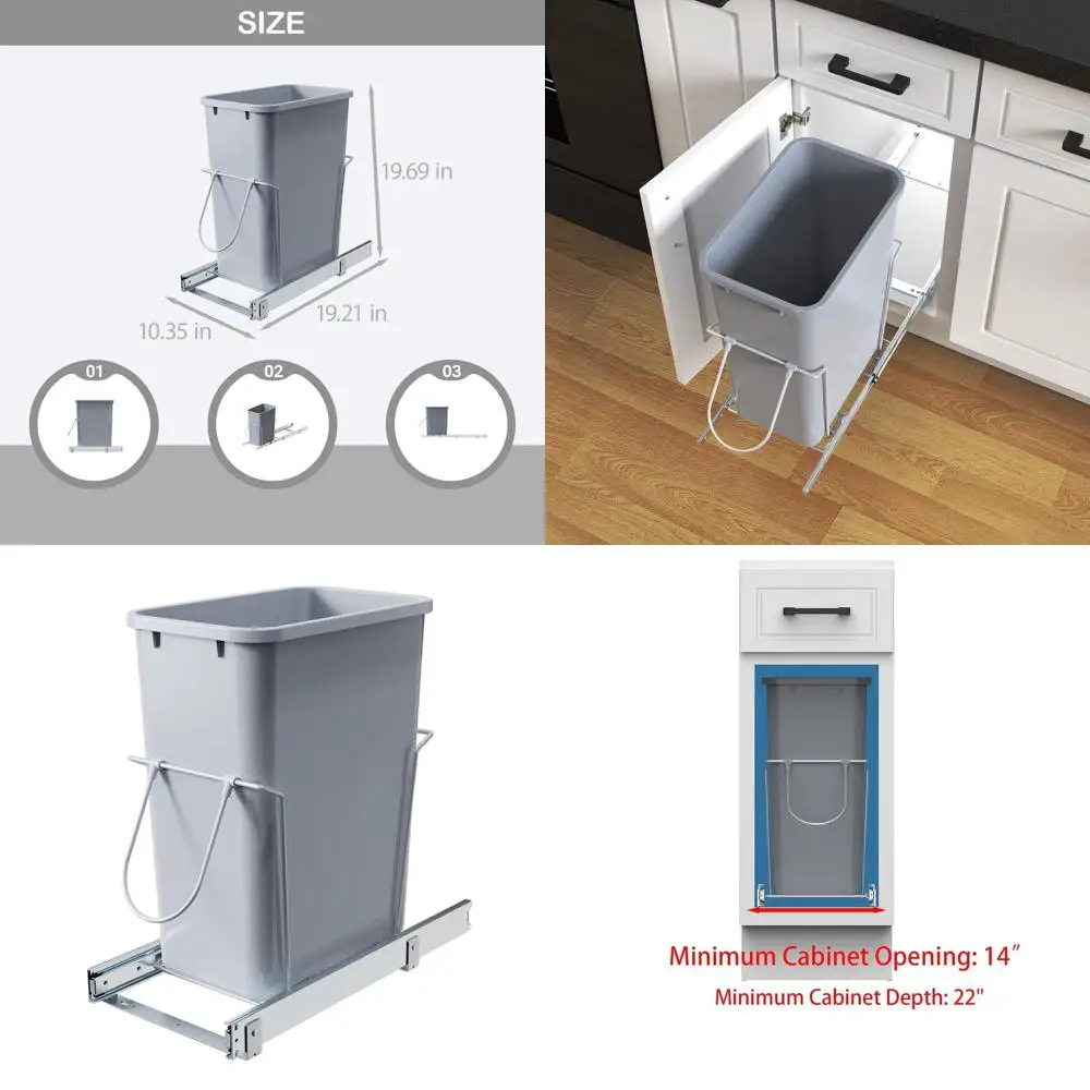 

35-Quart Pull-Out Kitchen Trash Bin, Metal Frame, Grey, Fits Cabinets Over 14