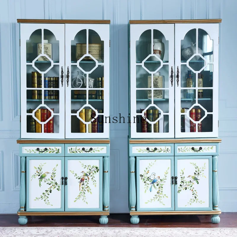 American rural four-door bookcase free combination retro colorful solid wood office computer desk  FT