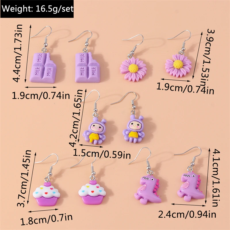 5Pairs/Set Fashion Flower Drop Earrings for Women Resin Heart Animal Dangle Hooks Earrings Girls Party Holiday Jewelry Gifts