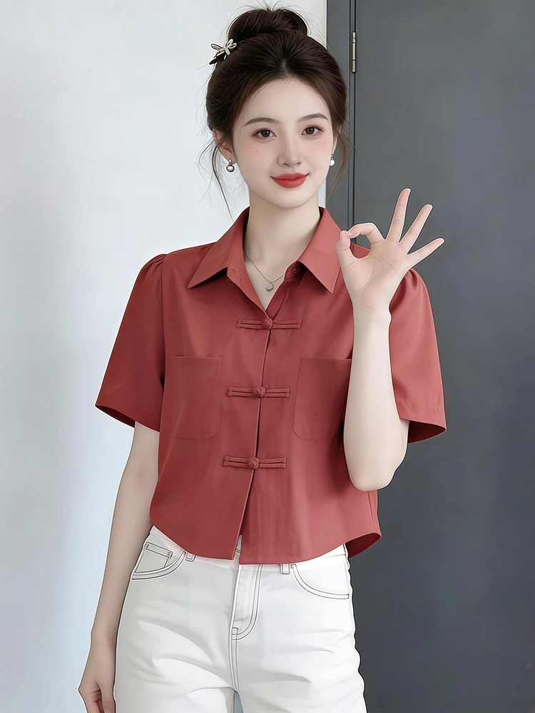 

Ele ort Sve Chinese Sle irt for Women Button Design Slimming Faionable Traditional Collar Daily Wear Summer New