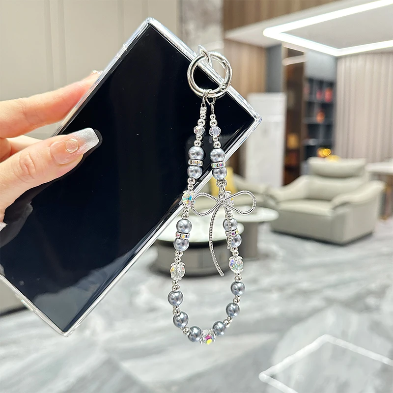 Luxury Glitter Bow Pearl Bracelet Cover Case For Samsung Galaxy S25 Ultra S24 FE S23 S22 Plus A13 A14 A15 A16 A25 A35 A55