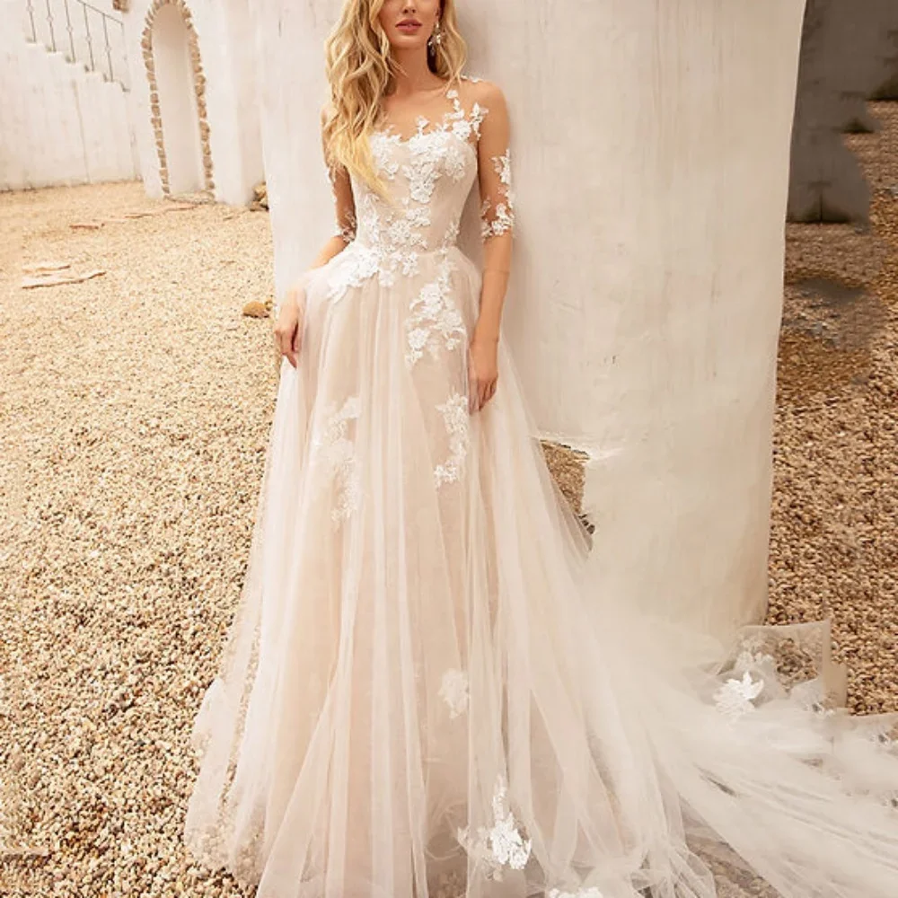 Customized Boho A Line Wedding  Dresses Applique O Neck Bride Dress Tulle Illusion Luxury Bridal Gowns New Vestidos De Novia