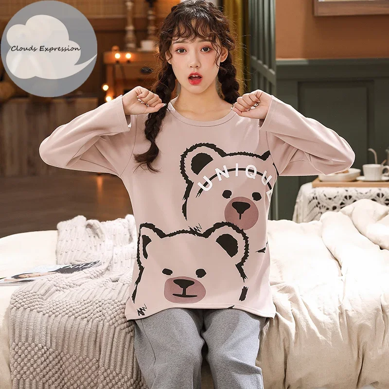 Spring Autumn Women\'s Sleep Lounge Pajama Long Sleeved Girl Pajama Set Cartoon Pyjamas Cotton Sleepwear M L XL XXL XXXL Fashion