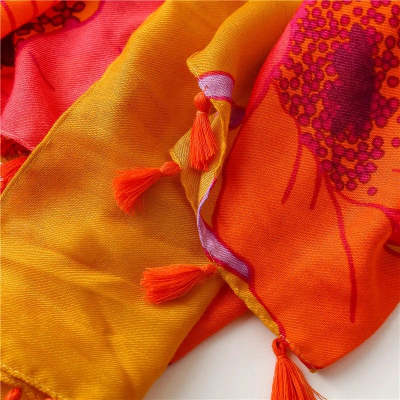 New Soft Cotton and Linen Feel Scarf Spring Summer Retro Bright Orange Flower Silk Scarf Sun Protection Cape Bib Decoration