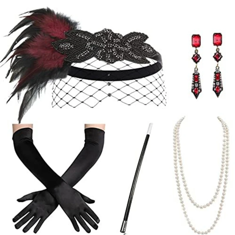 E15E Vintage Flapper Costume 1920s Women Great-Gatsby Headdress Gloves Earrings Necklace Prom Party Accessories Set