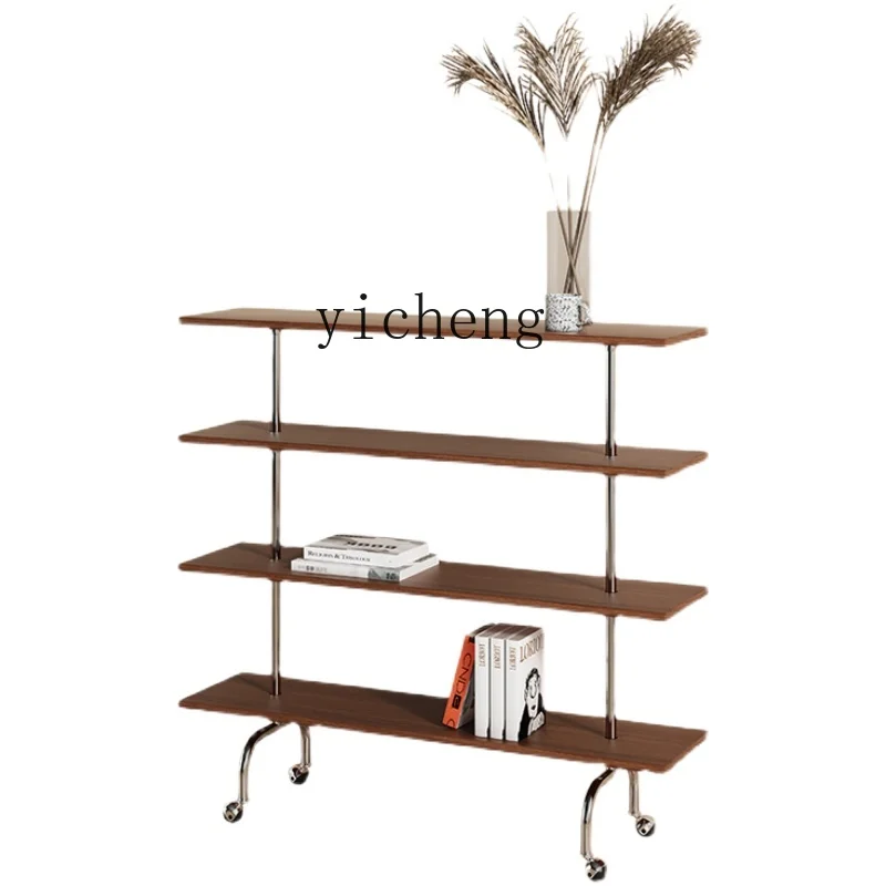 Zf Storage Rack Retro Multi-Layer Storage Trolley with Wheels Solid Wood Stainless Steel Bookshelf