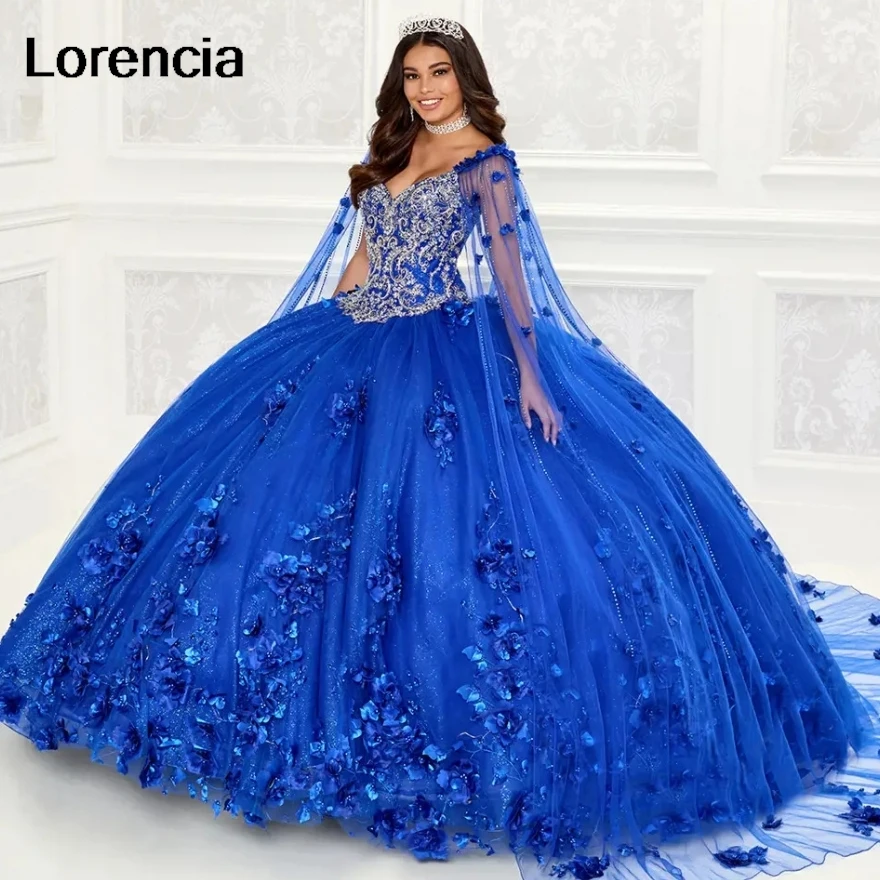 Lorencia Royal Blue Quinceanera Dress 3D Flowers Applique Beaded Crystal With Cape Ball Gown Sweet 16 Vestidos De 15 Años YQD707